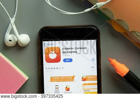 New York, Usa - 1 December 2020: Franprix Mobile App Icon On Phone Screen Top View, Illustrative Edi