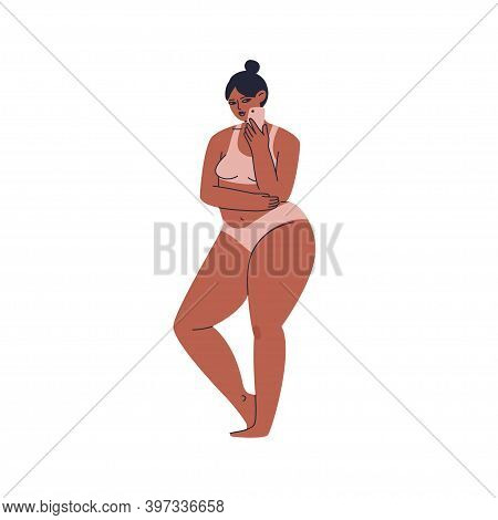 Hand-drawn Young Woman In Nude Lingerie. A Plump Girl With A Smartphone In Her Hand. A Brunette In A