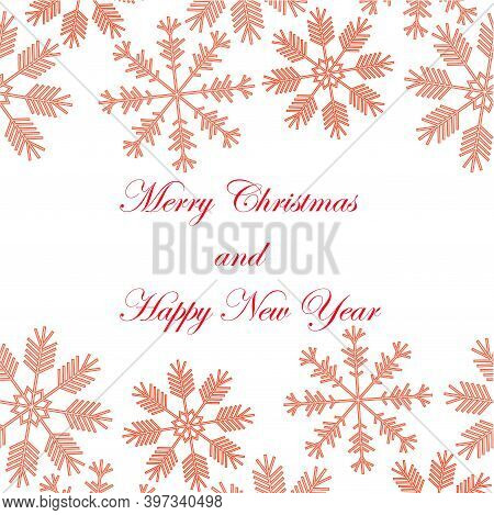 Merry Christmas And Merry Christmas Banner. Red Snowflake Seamless Horisontal Pattern On White Winte