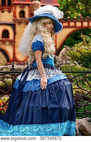 A Beautiful Girl Dressed In A Luxurious Vintage Blue Dress.puppet Museum, July 2020 In Preili, Latvi