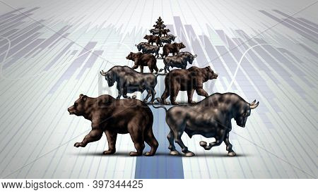 Holiday Investing And Winter Season Investor As A Financial Stock Market Metaphor With A Bull And Be