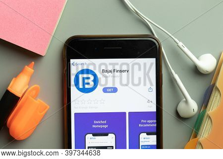 New York, Usa - 1 December 2020: Bajaj Finserv Mobile App Icon On Phone Screen Top View, Illustrativ