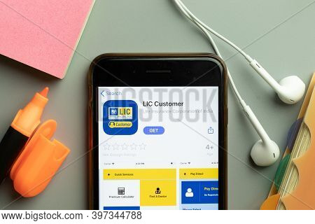 New York, Usa - 1 December 2020: Lic Customer Mobile App Icon On Phone Screen Top View, Illustrative