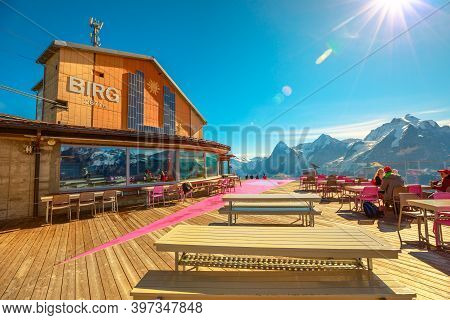 Birg, Murren, Switzerland - Aug 19, 2020: Bistro Birg And Skyline Thrill At 2677, A Platform Situate