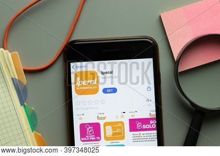 New York, Usa - 1 December 2020: Iperal Mobile App Icon On Phone Screen Top View, Illustrative Edito