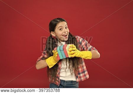 Inculcate Cleanliness. Cleaning With Sponge. Cleaning Supplies. Girl Rubber Gloves For Cleaning Hold