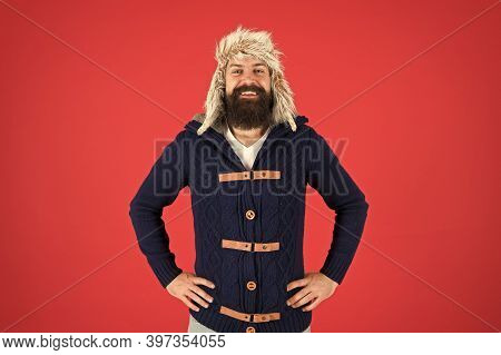 Good Time. Male Fashion. Smiling Trendy Hipster. Beard Care In Cold Season. Brutal Man Earflap Hat. 