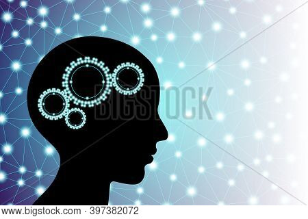 3d Digital Neuro Glowing Particles Lines And Dots Plexus Structure Human Brain With Cogwheels In Adu