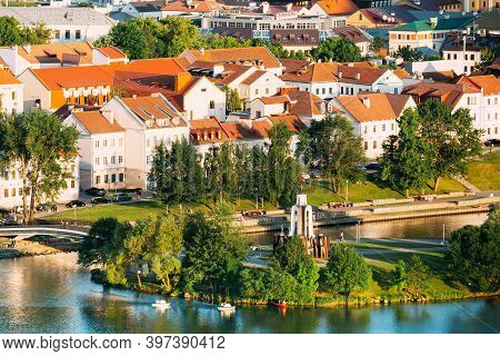 Minsk, Belarus. Elevated View Of Historical Center, Old Town. Minsk Skyline In Sunny Summer Evening.