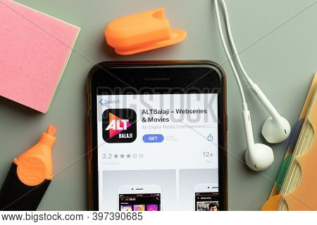 New York, Usa - 1 December 2020: Altbalaji Mobile App Icon On Phone Screen Top View, Illustrative Ed