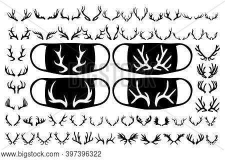 Large Set Of Deer Antlers. Prints On The Mask. Images For Different Purposes. Vector Illustration.