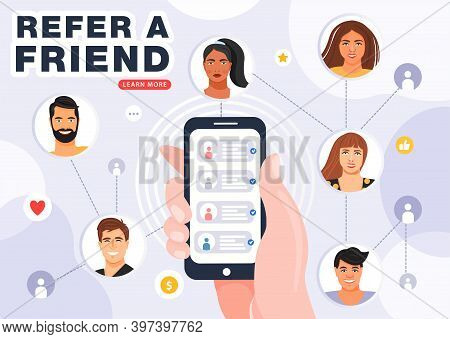 Referral Program Banner. Hand Holding Phone With Contacts Of Friends. Referral Network Scheme, Which