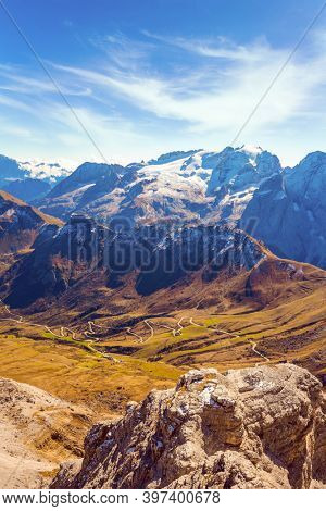Alpine road of South Tyrol. Italy, the Dolomites. The Passo-Pordoi pass separates the province of Trento from the province of Belluno. Pordoi is a mountain pass 
