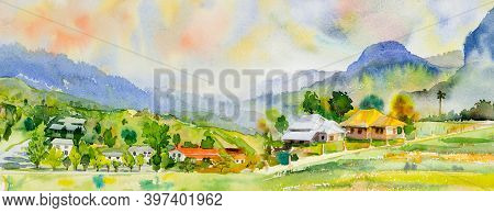 Watercolor Landscape Painting Colorful Of Village, Mountain And Meadow In The Panorama View And Emot