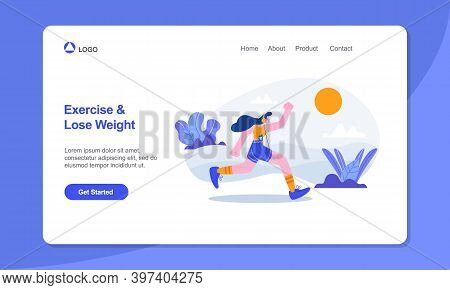 Healthy Lifestyle Landing Page Template. Woman Running In The Park Flat Illustration.suitable For We