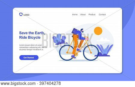 Healthy Lifestyle Landing Page Template. Businessman Ride On Bicycle To Work.suitable For Web, Banne