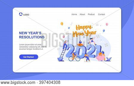 Happy New Year 2021. Goals And Resolutions 2021 Concept Illustration. Tiny People Having Fun With Th