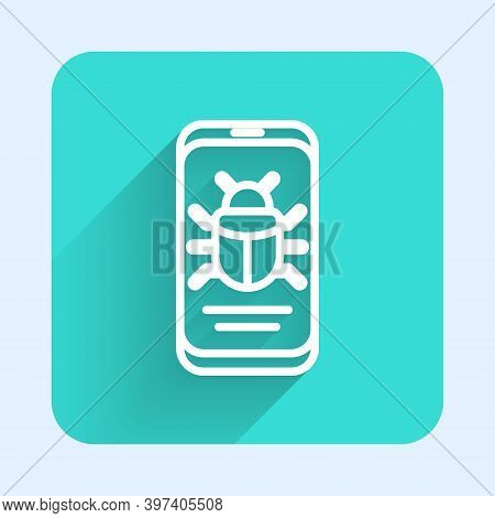 White Line System Bug On Mobile Icon Isolated With Long Shadow. Code Bug Concept. Bug In The System.