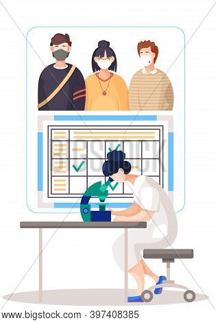 Medical Worker In Lab. Woman In White Coat Work With A Microscope, An Epidemiologist Studies A Virus