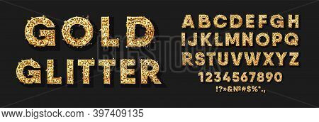 Gold Glitter Alphabet, Numbers And Signs. Text Sparkles In Bold Gold Letters. Collection Of Capital 