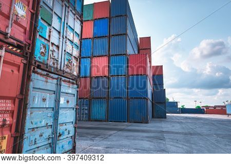 Stack Of Containers Cargo Ship Import/export In Harbor Port, Cargo Freight Shipping Of Container Log