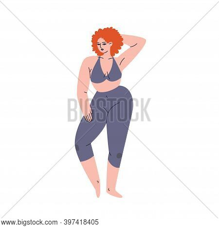 Red-haired Girl With A Tight Tracksuit. A Plump Young Woman Stands In Leggings And A Top With Her Ha