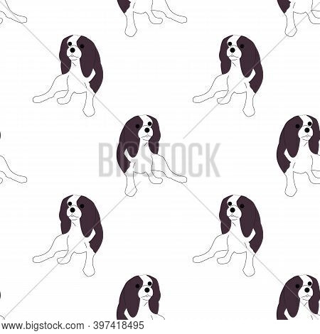 Repeat Seamless Pattern With Flat Style Cute Charles King Cavalier Spaniel Dogs On White Background.