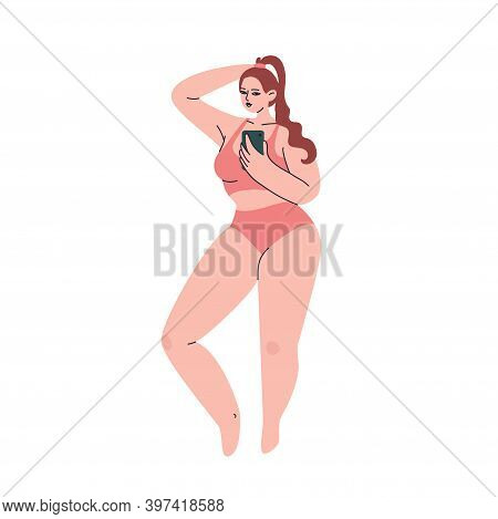 Hand Drawn Plus Size Redhead Girl In Trendy Swimsuit. A Plump Girl Takes Pictures On A Smartphone. B