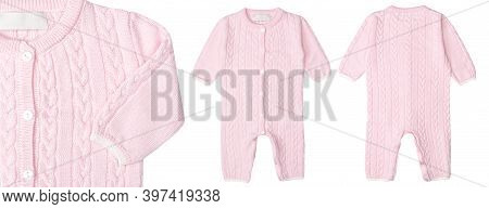 Pink Baby Romper Mockup Isolated On White Background. Children Romper Knitted With Buttons