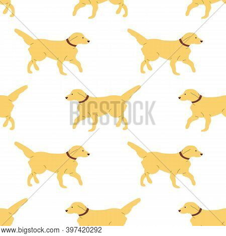 Repeat Seamless Pattern With Flat Style Cute Labrador Dogs On White Background. Stock Vector