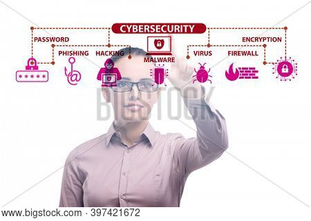 Cybersecurity concept with businesswoman pressing button