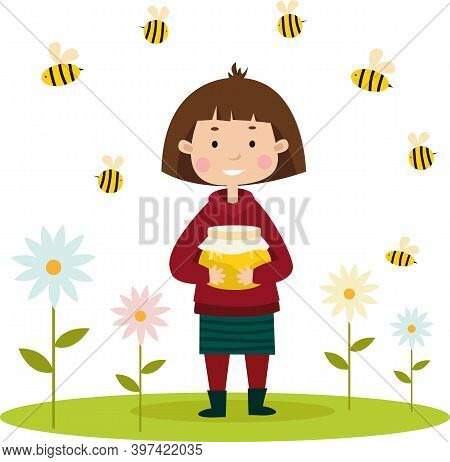Cute Girl And Bees Insects Animals With Flower Vector Image For Your Design