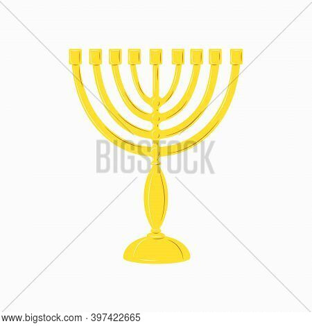Hanukkah Menorah Golden Yellow Candlestick With 9 Candles. Chanukah Jewish Holiday Festival Of Light