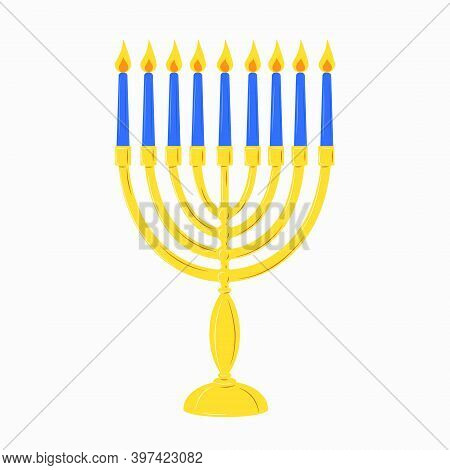 Hanukkah Menorah Golden Yellow Candlestick With 9 Blue Burning Candles. Chanukah Jewish Holiday Fest