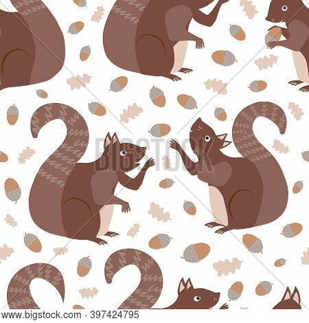 Cute Squirrel Juggling Acorns Seamless Pattern Background. Red Brown Woodland Animals Playing Ball W