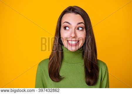 Close-up Portrait Of Lovely Curious Funny Cheery Glad Girl Looking Aside Good Idea Copy Space Isolat
