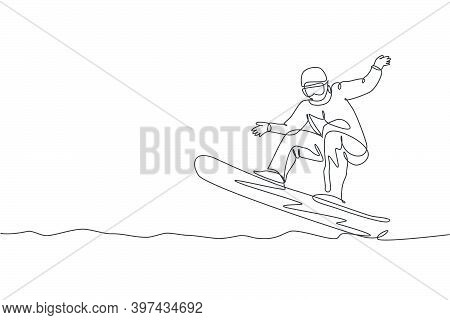 Single Continuous Line Drawing Young Sportive Snowboarder Man Riding Snowboard Fast At Mountain. Out