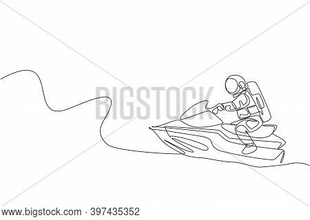 Single Continuous Line Drawing Of Astronaut Exercise Jetski On Moon Surface, Outer Deep Space. Space