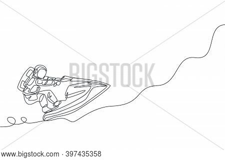 Single Continuous Line Drawing Of Astronaut Using Jetski On Moon Surface, Outer Deep Space. Space As