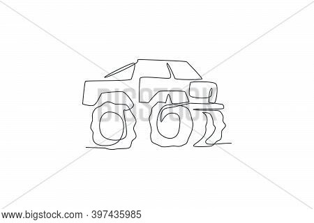 Single Continuous Line Drawing Of Big Monster Truck In Competition. Contest Ride Vehicle Concept. Tr