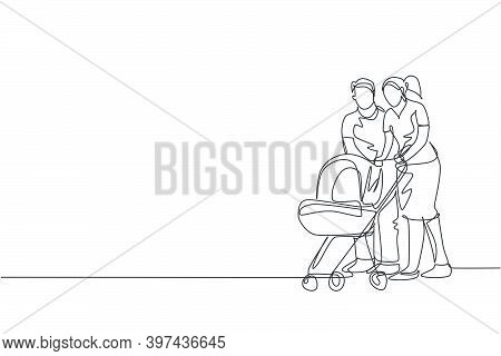 One Single Line Drawing Of Young Happy Mother And Father Pushing Baby Trolley Together Ah Outdoor Pa
