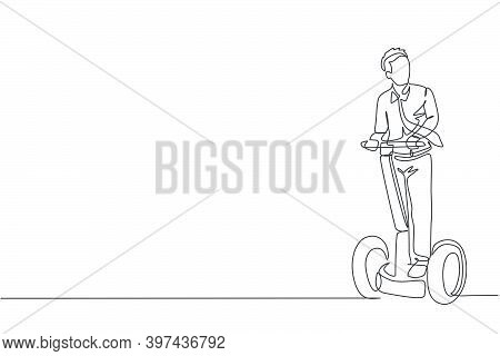One Single Line Drawing Young Energetic Worker Man Riding Two Wheel Balance To The Office Vector Ill