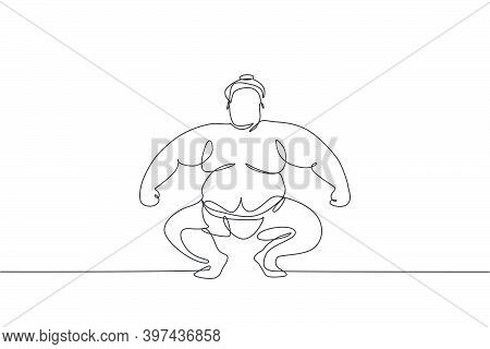One Continuous Line Drawing Of Young Big Japanese Rikishi Man Prepare To Fight At Festival Tournamen
