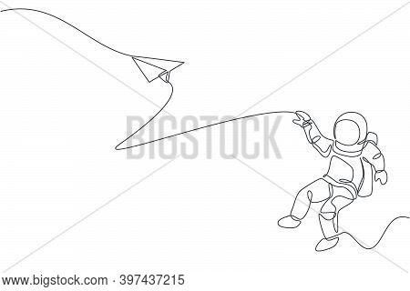 One Single Line Drawing Of Space Man Astronaut Exploring Outer Space, Launching Plane Paper Graphic 