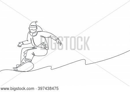 One Single Line Drawing Young Energetic Snowboarder Man Ride Fast Snowboard At Snowy Mountain Graphi
