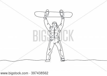 Single Continuous Line Drawing Young Sportive Snowboarder Man Lift Snowboard Board At Mountain. Outd