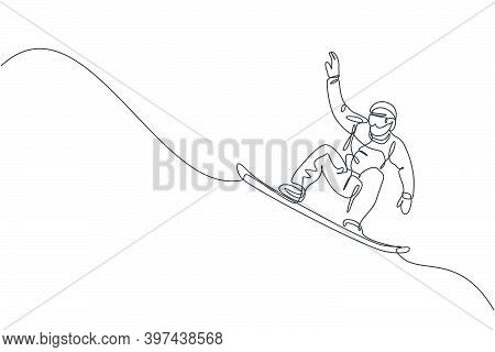 One Continuous Line Drawing Of Young Sporty Man Snowboarder Riding Snowboard And Jumping Alps Snowy 