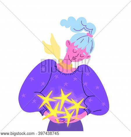 Dreamy Young Woman With Blue Hair And Pink Skin. A Sweet Girl With A Transparent Scarf Around Her Ne
