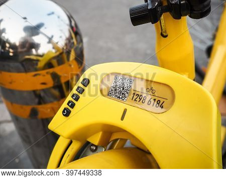 Beijing, China - September 2017: Bicycle Locking System With Qr Code Of Ofo Shared Bike