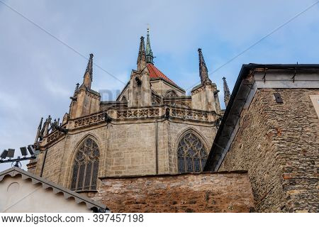 Medieval Stone St. Bartholomew´s Church In Autumn Day, Arched Windows, Chimeras And Gargoyles, Gothi